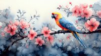 Vibrant macaw perched on blooming cherry branch against misty blue background, watercolor style artwork with delicate pink flowers and graceful composition.