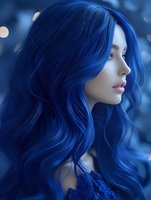 Young Asian woman with vibrant blue wavy hair in profile view against blurred background, wearing blue lace dress. Dreamy atmospheric portrait with soft lighting.