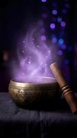 Tibetan singing bowl with wooden mallet emitting magical purple light and sparkles against dark background for meditation and spiritual healing practices.