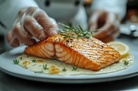 Chef garnishing grilled salmon fillet with fresh rosemary on white plate with creamy sauce and lemon slice, showcasing gourmet food preparation.