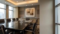Modern corporate boardroom with glass conference table and leather chairs in upscale office building with city view for business meetings and presentations.