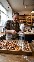 Mature Caucasian baker dusting powdered sugar on fresh pastries in artisan bakery kitchen with wooden shelves filled with bread loaves and baked goods.