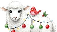 Adorable white sheep decorated with colorful Christmas ornaments and red cardinal bird perched on back, festive holiday farm animal illustration.