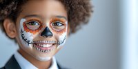 Young African American child wearing black and white sugar skull face paint with orange accents smiling at camera, dressed in formal attire against blurred background.