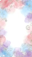 Watercolor pastel frame with decorative floral elements and celestial motifs on gradient pink blue purple background for wedding invitations and greeting cards.