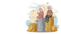 Senior couple sitting on stacks of coins representing retirement savings and financial planning for elderly people with sky background.