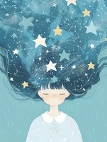 Dreamy young Asian girl with flowing hair filled with stars and constellations against turquoise background, artistic watercolor style illustration for children's books.