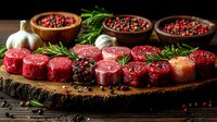 Assorted cured meats and peppercorns arranged on wooden board with fresh rosemary and garlic for culinary, food styling, restaurant menu, and gourmet cooking projects.