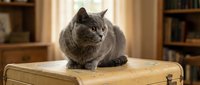 Gray tabby cat sitting on vintage suitcase in library setting with bookshelves background, domestic pet portrait for home decor and animal content.
