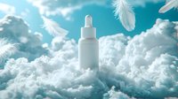 White cosmetic dropper bottle floating in dreamy turquoise sky with soft white feathers and fluffy clouds, suggesting natural skincare and purity.