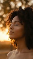 Peaceful African American woman with curly hair meditating with closed eyes in warm golden sunlight, promoting wellness and mindfulness practices.