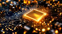 Glowing processor chip on circuit board with orange light effects and sparks, modern computing technology concept for semiconductor industry advancement.
