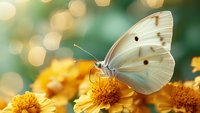Delicate white butterfly with brown spots perched on vibrant yellow flowers against soft bokeh background, showcasing nature's beauty in spring garden setting.