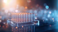 Laboratory test tubes in holder on reflective surface with soft bokeh lights in blue and orange tones, scientific research concept for medical analysis.