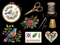 Embroidery supplies collection with colorful thread spools, scissors, thimbles, and decorative floral hoops featuring birds and botanical designs. Isolated on transparent background, ready for t-shirts, clipart, stickers, and print-on-demand projects.