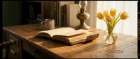 Open book on a rustic wooden desk with yellow tulips in a glass vase, warm sunlight streaming through a window, cozy reading nook.