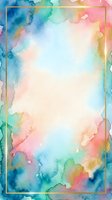 Watercolor gradient background with soft pastel colors blending from blue, green, pink, and yellow creating an artistic frame with white center space suitable for text overlay and design projects.
