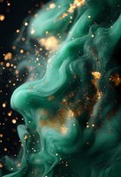 Ethereal emerald green smoke swirls with golden glitter particles against dark background, creating luxurious abstract art pattern for modern interior design.