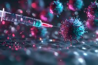 Syringe with red liquid approaching virus cell in dramatic lighting with pink and blue tones, illustrating medical research and vaccination concept.