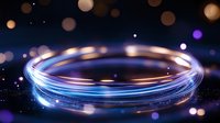 Glowing energy ring with blue and golden light trails against dark background with bokeh effect and sparkles creating magical atmosphere.