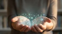 Close-up of hands holding glowing digital globe with connected network nodes and lines, representing global connectivity, technology, data transfer, and worldwide communication for business solutions.