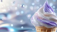 Swirled soft serve ice cream in waffle cone featuring purple and white colors against dreamy bokeh background, sweet summer dessert treat.