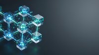 Interconnected glowing cyan hexagonal blocks with digital network nodes on dark background, representing blockchain technology, data connectivity, and distributed systems for tech presentations.
