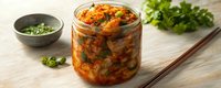 Spicy fermented vegetable kimchi in glass jar with chopsticks and fresh herbs on wooden table. Traditional Korean side dish for healthy cooking and meals.