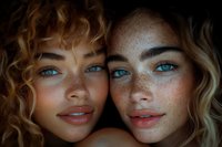 Two young Caucasian women with curly blonde hair and blue eyes sharing intimate moment with natural freckled skin and warm lighting for beauty campaigns.