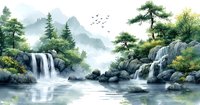 Tranquil waterfall landscape with pine trees and misty mountains, flowing streams cascade over rocks amid lush greenery and flying birds in soft morning light.