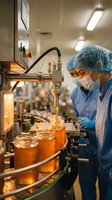 Food production worker in protective gear operating automated filling equipment in sterile manufacturing facility for liquid products processing.