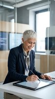 Smiling senior Caucasian businesswoman with short gray hair signing document on digital tablet in modern office workspace.