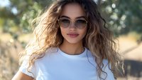 Young mixed race woman with curly blonde ombre hair and sunglasses smiling outdoors in natural sunlight wearing white t-shirt, portrait with soft bokeh background.