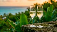 Two champagne flutes filled with sparkling wine on stone ledge overlooking tropical ocean at sunset for romantic celebration and luxury vacation moments.