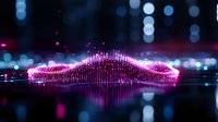 Glowing pink wave visualization with particle effects on dark background creates futuristic abstract pattern with bokeh lights and reflection surface.