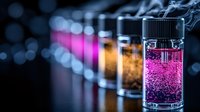 Glowing pink liquid in glass vial with rising smoke against dark background, multiple containers with colorful substances create scientific laboratory atmosphere.