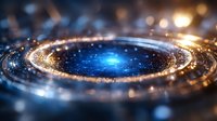 Futuristic glowing portal with bright blue energy core surrounded by golden light rings and sparkling particles on dark background for sci-fi designs.