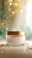 Luxury cosmetic jar with pink cream and golden sparkles on soft bokeh background for skincare product advertising.