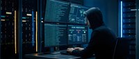 Hooded hacker working on multiple computer screens in dark server room with glowing blue lights. Cybersecurity threat concept for technology presentations.