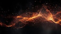 Glowing orange and gold cosmic energy waves flow through dark space with luminous particles and light trails creating dramatic celestial atmosphere.