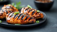 Grilled chicken breasts with teriyaki glaze and sesame seeds served on black plate, garnished with green onions. Close up view of juicy meat with grill marks.