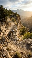Male mountain biker riding a dusty rocky trail on a cliff edge at golden sunset with dramatic canyon landscape in the background.