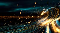 Futuristic digital wave with glowing binary code stream and golden light particles flowing in curved motion against dark background. Technology concept.