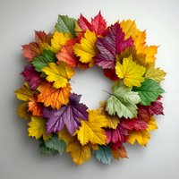 Colorful autumn wreath made of vibrant maple leaves in yellow, red, orange, purple, and green hues arranged in circular pattern on light background.