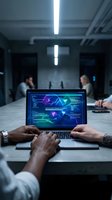 Developer working with holographic data visualization on laptop in modern office environment with colleagues collaborating in background under fluorescent lighting.