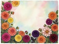 Colorful dahlia flowers frame with watercolor background for greeting cards, invitations and floral design projects.