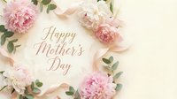 Happy Mother's Day greeting card with pink peonies and eucalyptus on cream background. Elegant floral arrangement for celebrating motherhood and family love.