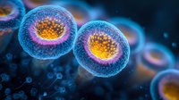 Glowing blue and orange cells dividing on dark background with microscopic detail showing inner cellular structure and membrane illumination in scientific visualization.