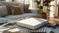 Cozy morning scene with open white book on rumpled bed sheets near window, soft natural sunlight creating warm atmosphere and long shadows.