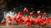 Fresh watermelon cubes splashing with water droplets against dark background, dynamic food photography with motion freeze effect and dramatic lighting.